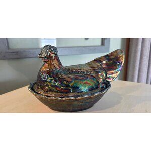 Vintage Fenton Carnival Glass Iridescent 8" Hen on a Nest Purple Blue Amethyst